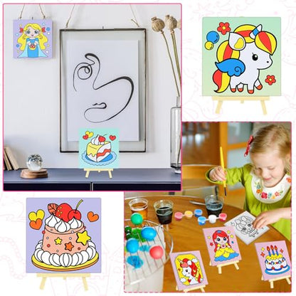 Tenceur 48 Pcs Kids Paint Party Favors Sets with 12 Pcs Unicorn Girl Cake Pre Drawn Canvas Panel and Wooden Easel Set Paint Pots and Brushes 12 Mini Apron and Tote Bag for Kids Girls Student Boys - style: Unicorn