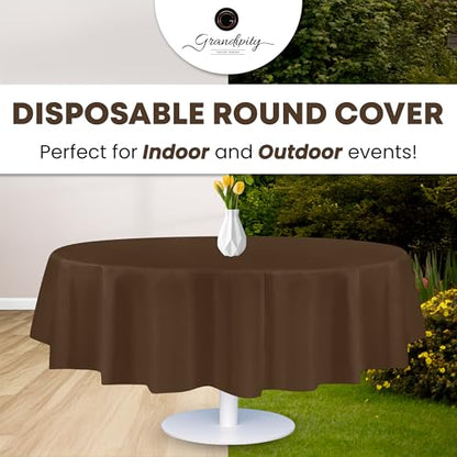Grandipty Plastic Table Cloth Disposable 12 Pack 84" Round Brown | Plastic table covers, durable disposable tablecloths, fade and tear-resistent table cover for party, event