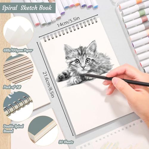 12 Pack Sketch Books 5.5 × 8.5 in, Top Spiral, 30 Sheets, Acid Free | 100gsm Paper, Dry Media Friendly, Acid-Free Paper, Portable Size, Flat-Lay Spiral Design - color: Light Cyan, size: 5.5 × 8.5Inch（12 Pack）