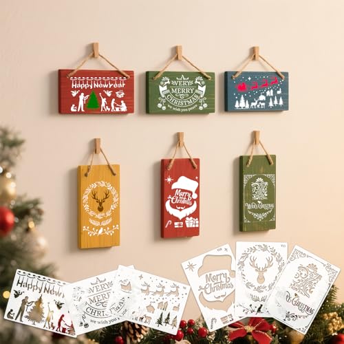 Reusable Christmas Stencils Set of 12 - Stencils for Painting On Wood, Walls, Fabric,Windows - Santa, Snowman, Pine Tree, Deer Xmas Holiday Stencil for Christmas Decorations (Christmas-7v) - style: Christmas-7v