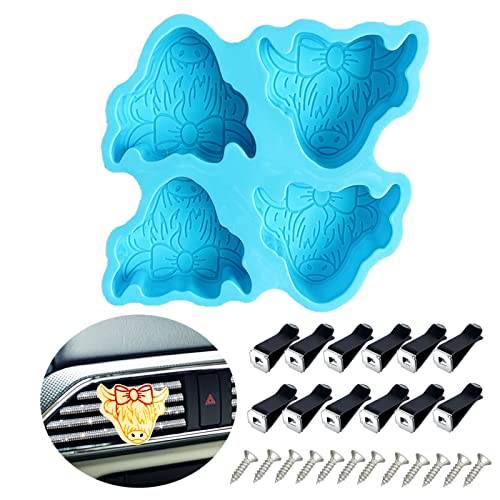 Silicone Molds for Freshies, Highland Cow Car Freshie Mold Car Freshies Supplies Molds Silicone Oven Safe Making Kit with 12PCS Car Vent Clips for Freshies Resin Soap Candles - color: Highland Cow