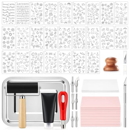 Qeeenar 97 Pcs Linocut Kit for Printmaking, Stamp Making Starter Set with 12 Soft Pink Rubber Carving Blocks Lino Cutter Tools Brayer Roller Black Ink & Metal Tray, DIY Arts Crafts Gift for Beginners