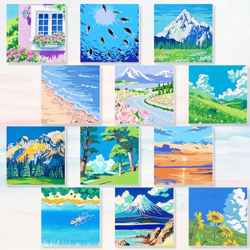 Nezyo 12 Sets Scenery Paint by Numbers Adults with Frame, 8x8 Inch Kit | Easy DIY Acrylic Kits for Beginners, Framed Canvas Ready to Hang, For Painting Party Classroom Birthday Gift - style: Scenery