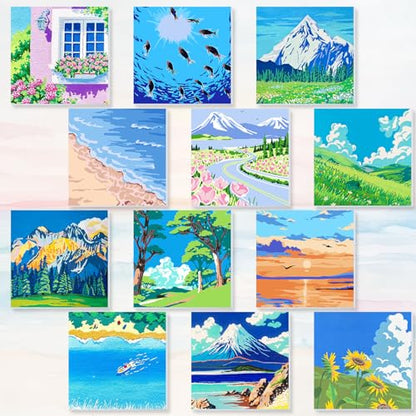 Nezyo 12 Sets Scenery Paint by Numbers Adults with Frame, 8x8 Inch Kit | Easy DIY Acrylic Kits for Beginners, Framed Canvas Ready to Hang, For Painting Party Classroom Birthday Gift - style: Scenery
