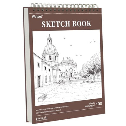 9" x 12" Hard Cover Sketch Book, Top Spiral Bound Sketch Pad, 100 Sheets 68lb/100gsm Drawing Paper, 1 Pack - size: 9" x 12" (1 Pack)
