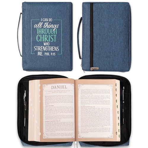 Christian Art Gifts Men/Women's Bible Cover I Can Do All Things Philippians 4:13, Blue/Turquoise Canvas, Large - color: Blue/All Things, size: Large
