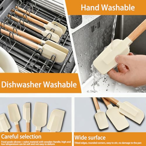 7 Piece Silicone Spatula Set, Food Grade Rubber Spatula Set with Wooden Handle, Heat Resistant Up to 600°F, Silicone Utensils Set for Baking, Cooking & Mixing, Jar, Non-Stick Kitchen Utensils - color: White