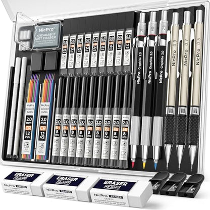 Nicpro 35PCS Art Mechanical Pencil Set, 3 PCS Metal Drafting Pencil - color: Black, style: 0.5 0.7 0.9 2.0