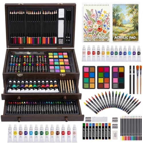 175-Pack Deluxe Wooden Art Set Drawing Painting Kit with 2 Drawing Pads, Acrylic Paints, Colored Pencils, Crayons, Paint Brush, Art Kit in Wooden Case, Gift for Artist, Adults, Teens and Kids - color: Brown