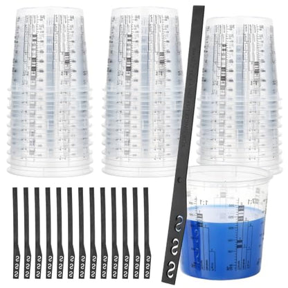 30 Pack 10oz 320ml Clear Plastic Paint Mixing Cups with 30 Stir Sticks - Disposable Graduated Measuring Cups for Paint, Resin & Epoxy with ML Scale & 3-Column Ratios (1:1-7:1) for DIY Crafts - size: 10oz / 320ml