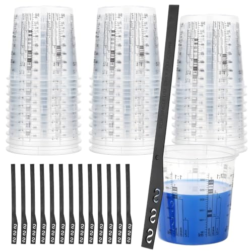 Gartful 30 Pack 10oz 320ml Clear Plastic Paint Mixing Cups with 30 Stir Sticks - Disposable Graduated Measuring Cups for Paint, Resin & Epoxy with ML Scale & 3-Column Ratios (1:1-7:1) for DIY Crafts - size: 10oz / 320ml