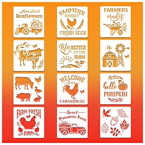 12 Pieces Farm Stencils Reusable Farmhouse Stencils Farm Theme Painting Template for Drawing Tracing DIY Furniture Wall Floor Fabric Decors Pastoral Lovers (6x6 inch) - style: Contemporary