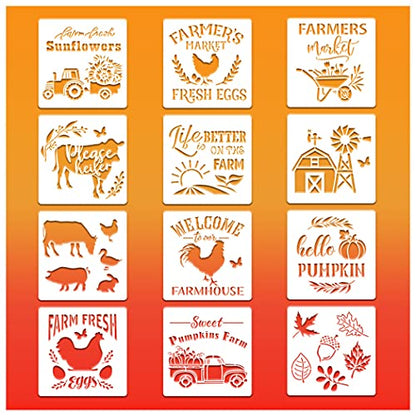 12 Pieces Farm Stencils Reusable Farmhouse Stencils Farm Theme Painting Template for Drawing Tracing DIY Furniture Wall Floor Fabric Decors Pastoral Lovers (6x6 inch) - style: Contemporary