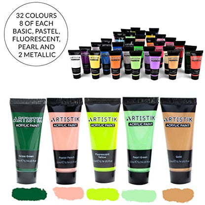 ARTISTIK 32-Color Acrylic Paint Set with 3 Brushes – 22ml Tubes of Artist-Quality Acrylic Paints for Canvas, Wood Crafts, Ceramic & Art Supplies - style: 32 x 22ml Acrylic Paint with Brushes