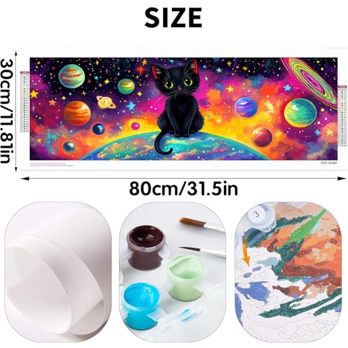 Bimkole Planet Paint by Number for Adults, DIY Oil Painting Kit Cat Universe on Canvas with Paintbrushes and Acrylic Pigment, for Paint by Numbers for Beginner, for Home Wall Decor 31.5x11.81 Inch - color: 001-Planet Cat