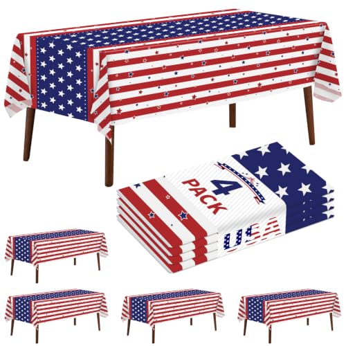 4 Pack American Flag Tablecloth, 4th of July Patriotic Table Cover (54"x108") Disposable Plastic Table Cloth, Decorations for Veterans Day, Patriotic, Memorial, Fourth of July, Independence - color: American Flag