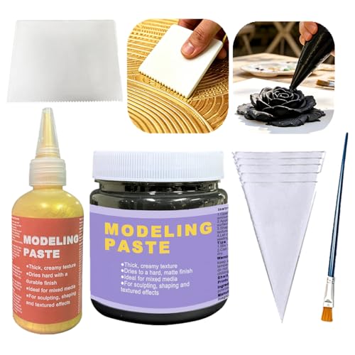 Black & Golden Acrylic Modeling Paste & 5pcs Piping Bags Bags & Squeegee with Teeth, Acrylic Medium for Texture Art, Texture Paste for Acrylic Painting, Canvas, Sculpture, Art Projects, 3D Effect - color: Black & Golden Modeling Paste + 5pcs Bags+ 2pcs To