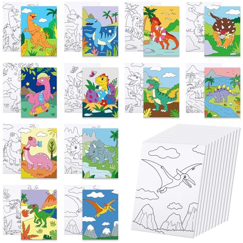Anseal 12 Packs Animals Pre Drawn Canvas to Paint, 5" X 7" Dinasour Pre Printed Canvas, Pre Stretched Canvas Outline Painting Boards for Beginners, Party Favor - style: Dinasour