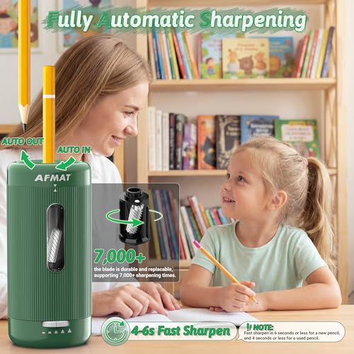 AFMAT Electric Pencil Sharpener, Auto in & Out, 5 Nibs, 7K+ Uses, Fully Automatic Pencil Sharpener for Classroom, Rechargeable Hands-Free Sharpeners for Jumbo/Colored Pencils (φ6.5-12mm) PSC3(Green) - color: Green