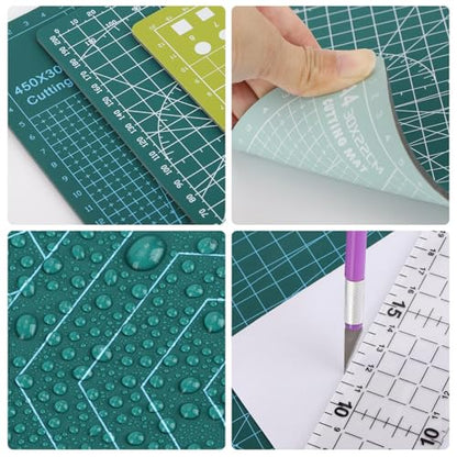 3Pcs Self Healing Cutting Mat with Knife and Quilting Ruler，3 Size Non-Slip Cutting Mat for Crafts Hobby Project， A3/A4/A5，Green