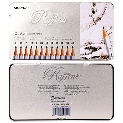 Raffine Artist Graphite Pencils Set for Drawing, Sketching, Writing, Tin Gift Box, 12 Degree Set -2H, H, F, HB, B, 2B, 3B, 4B, 5B, 6B, 7B, and 8B (12 pc)