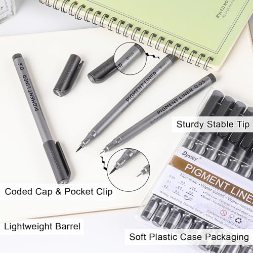 Dyvicl Micro-Pen Fineliner Pens, Black Pigment Liner Multiliner Archival Ink Micro Fine Point Pens for Drawing, Sketching, Journaling, Doodling, 9 Pack
