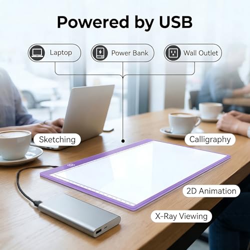 A4 Ultra-Thin LED Light Pad with Scale - 5000 Lux Stepless Dimmer Light Box for Diamond Painting, Tracing & Sketching - USB Powered Portable Light Table for Artists, Tattoos & Animation - Purple