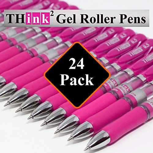 [24 Pens - Pink Ink] Think2 Retractable Gel Pens. (24 Pink) Fine Point (0.5mm) Rollerball Pens with Comfort Grip. - color: Pink