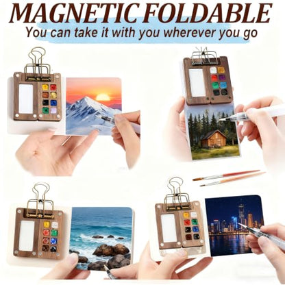 Mini Watercolor Paint Set, Portable Travel Watercolor Palette with 12 Colors, 3 Brushes, Picture Album & Binder Clips, 8-Grid Wooden Pocket Paint Box