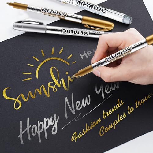 Metallic Marker Pens, 12 Pack Permanent Ink Markers (6 Gold & 6 Silver) for Art, Crafts, and DIY Projects