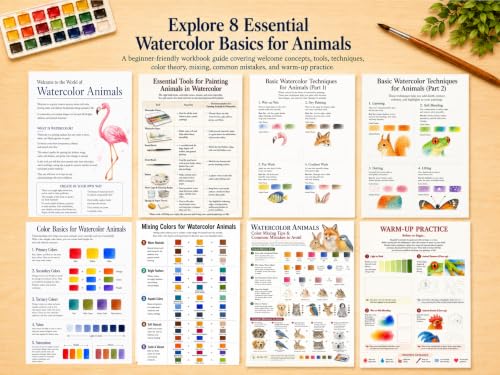 Drawmend Watercolor Workbook for Beginners, 11x8.3 in Large Size Water Coloring Book, 300 GSM Premium ThickPaper Lay-Flat Spiral for Adult,12 Step-by-Step Projects (Animals, Without Palette) - color: Animals, size: Without Palette