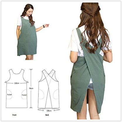 Cotton Linen Japanese Apron Halter Cross Back Bandage X Shape Aprons Two Pockets - color: Army Green