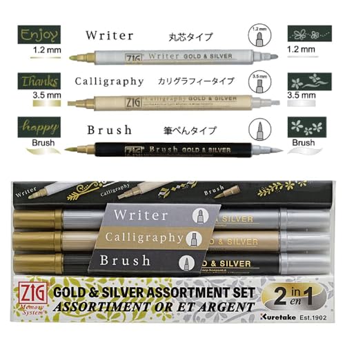 Kuretake Pen Marker Gold Silver Twin Marker Set MS/3VGS, Christmas card, Brush Lettering, Illustration, card making, Writing, Made in Japan
