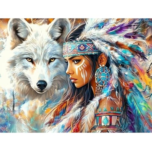 TOPCLTV 5D Wolf Diamond Painting for Adults, Native American Diamond Art Kits for Beginners,DIY Round Full Drill Diamond Dots Gem Painting Art for Home Wall Decor Present 12×16IN - color: HS023-1