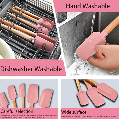 7 Piece Silicone Spatula Set, Food Grade Rubber Spatula Set with Wooden Handle, Heat Resistant Up to 600°F, Silicone Utensils Set for Baking, Cooking & Mixing, Jar, Non-Stick Kitchen Utensils(Pink) - color: Pink