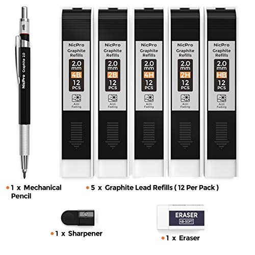 Nicpro 2mm Metal Mechanical Pencil Set with Case, 1PCS | Lead Pencil Holder 2.0 mm + 60PCS Lead Refills (4H 2H HB 2B 4B Color), 2mm Pencils for Drafting Writing Drawing Sketching - size: 1 Count (Pack of 1)