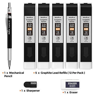 Nicpro 2mm Metal Mechanical Pencil Set with Case, 1PCS | Lead Pencil Holder 2.0 mm + 60PCS Lead Refills (4H 2H HB 2B 4B Color), 2mm Pencils for Drafting Writing Drawing Sketching - size: 1 Count (Pack of 1)