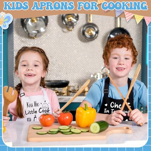 3 Pack Kids Apron for Cooking Adjustable Kids Chef Aprons | Kitchen Funny Aprons with Pockets for Boys Girls Toddler Painting Baking Artist Apron - color: Black,white,red