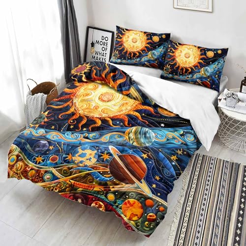 AILONEN Space Galaxy Duvet Cover Set King Size,Boho Sun Planet Bedding Set Cartoon Kids Quilt Cover with 2 Pillowcases,Soft 3-Piece Exotic Themed for Boys Girls - color: Sun and Moon16, size: King