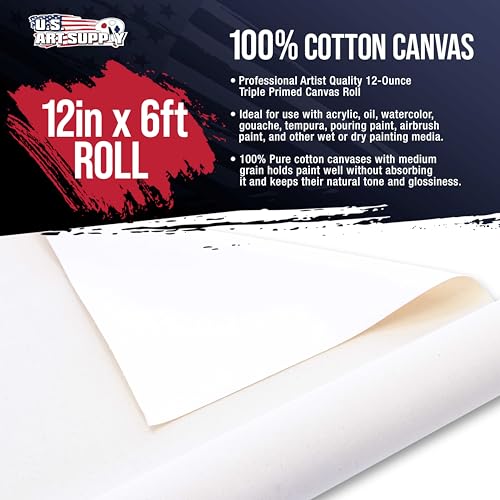 U.S. Art Supply 12-Ounce Triple Primed Gesso 12" Wide x 6' Long (2 Yards), 100% Cotton, Acid-Free - Unstretched Canvas Rolls for Painting, Oil & Acrylic, Murals - Cut to Frame Size - size: 12-Inch-x-2-Yards