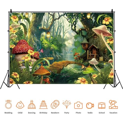 Yeele 10x6.5ft Enchanted Forest Photo Backdrop Spring Mushroom Wonderland Fairy House Photography Background Girl Room Wall Decorations Birthday Baby Shower Banner Photo Props - size: 10x6.5ft