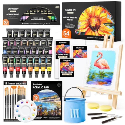 Shuttle Art 54 Pack Acrylic Paint Set, Acrylic Painting Set with 30 Colors Acrylic Paint, Wooden Easel, Painting Canvas, Paint Brushes, Palette, Art Painting Supplies for Kids Adults Beginner Artists