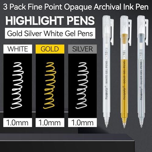 PANDAFLY Gold Silver White Gel Pens, 3-Pack, 1.0mm Fine Point Gel Ink Pens | 3 Colors Archival Ink Pens for Highlights, Black Paper Drawing, Sketching, Illustration, Card Making, Bullet Journaling - style: Gold Silver White-1.0mm