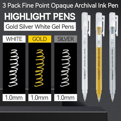 PANDAFLY Gold Silver White Gel Pens, 3-Pack, 1.0mm Fine Point Gel Ink Pens | 3 Colors Archival Ink Pens for Highlights, Black Paper Drawing, Sketching, Illustration, Card Making, Bullet Journaling - style: Gold Silver White-1.0mm