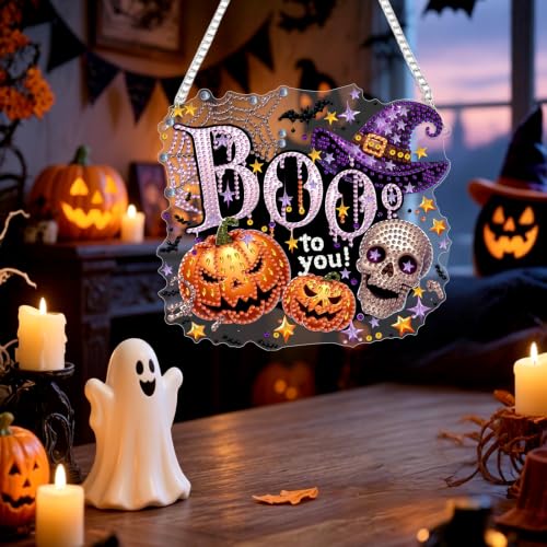 Genius maker Halloween Skull Diamond Art Hanging Ornaments Kits for Adults, Fall Diamond Painting Pendant Kits, DIY Acrylic 5D Special Shaped Crystal Gem Art Painting Ornament for Home Decor 8x8 Inch - color: AS108