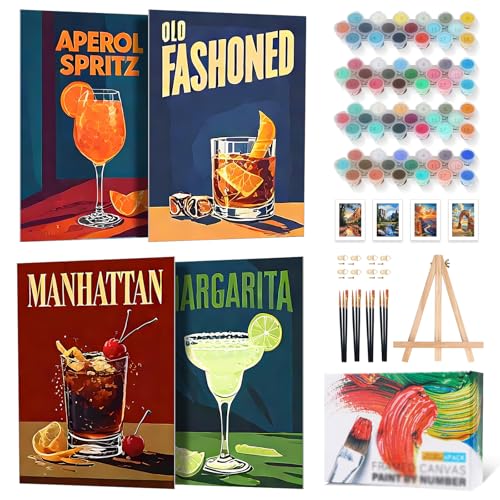 4 Pack Framed Paint by Numbers Kit for Adults Beginner with Wooden Easel, Cocktail Paint by Number Kits with Frame, DIY Acrylic Cocktail Painting by Numbers for Home Wall Decor Gift 8x12 inch - color: YOP4P11