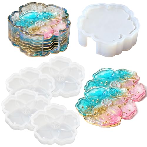 Panamalar Silicone Coaster Resin Molds, 5PCS Flower Coaster Molds with Holder Mold for Epoxy Resin, Coaster Tray Resin Casting Molds for DIY Art Craft Home Decoration Table Wine Cup Mat