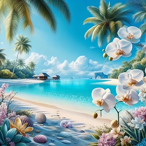 Tropical Beach Diamond Painting Kit for Adults,Gem Art for Beginners | 5D Full Drill Summer Ocean Orchid Diamond Art, DIY Gem Diamond Art for Adults, Home Wall Decor 13.78x13.78 Inch - color: KM594-1