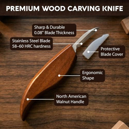 Complete Wood Carving Kit for Beginners - Gift Ready Complete Tools Set | Whittling Kit with 8 Wood Carving Knives, Spoon Carving Tools, Wood Blocks, Gloves, Roll Bag and Sharpening Strop