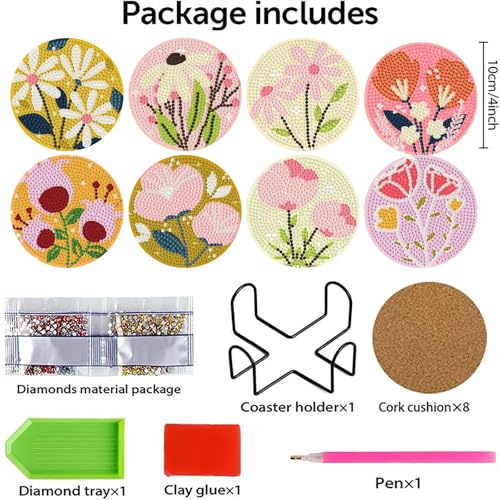 gganmtere 8p - Flowers Diamond Art Coasters,Flower Diamond Painting Coasters,5D DIY Full Drill Coaster with Holder Present - color: Jxbd104